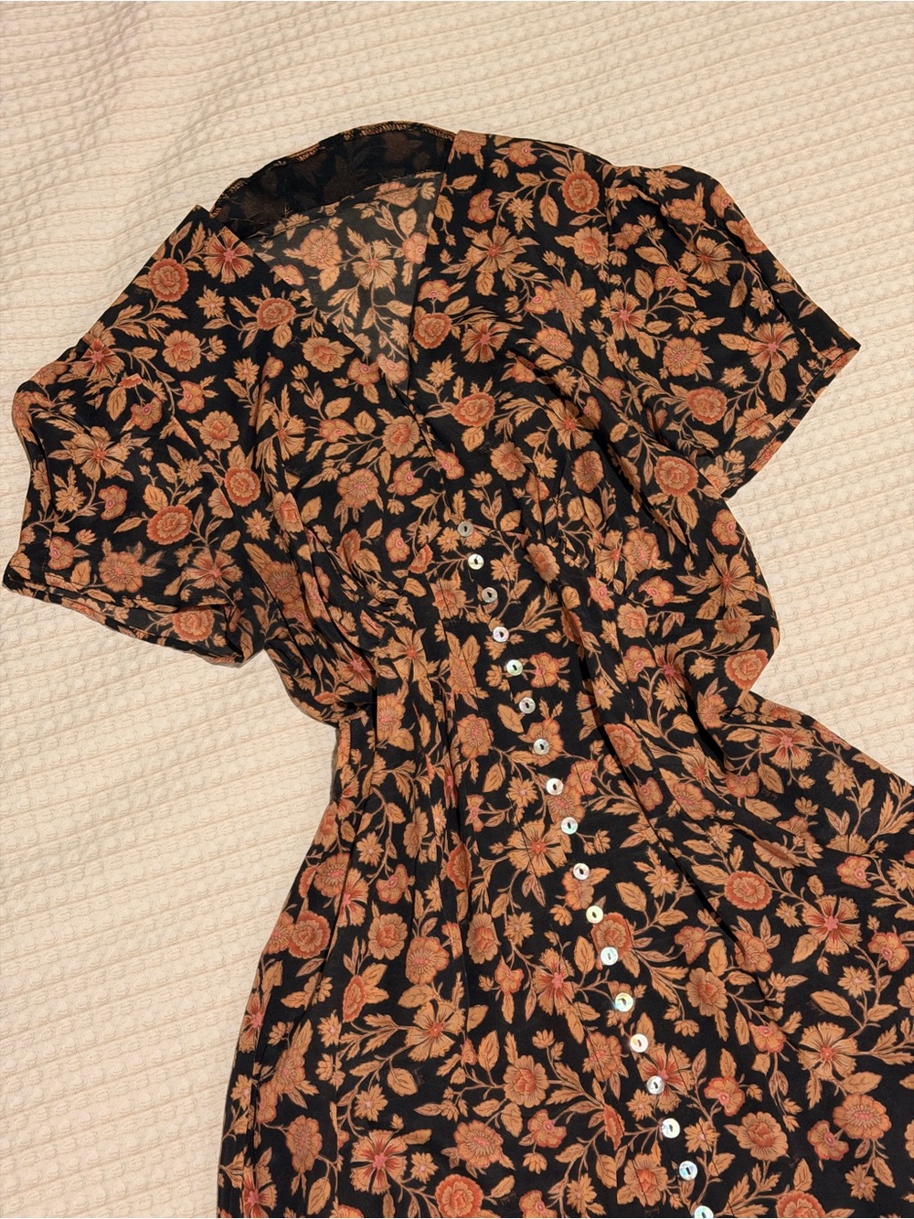 Reformation Par Black Floral Maxi Dress with Rust and Tan Flowers